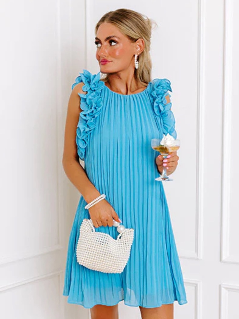Blue Turquoise Mini Pleated Ruffle Dress